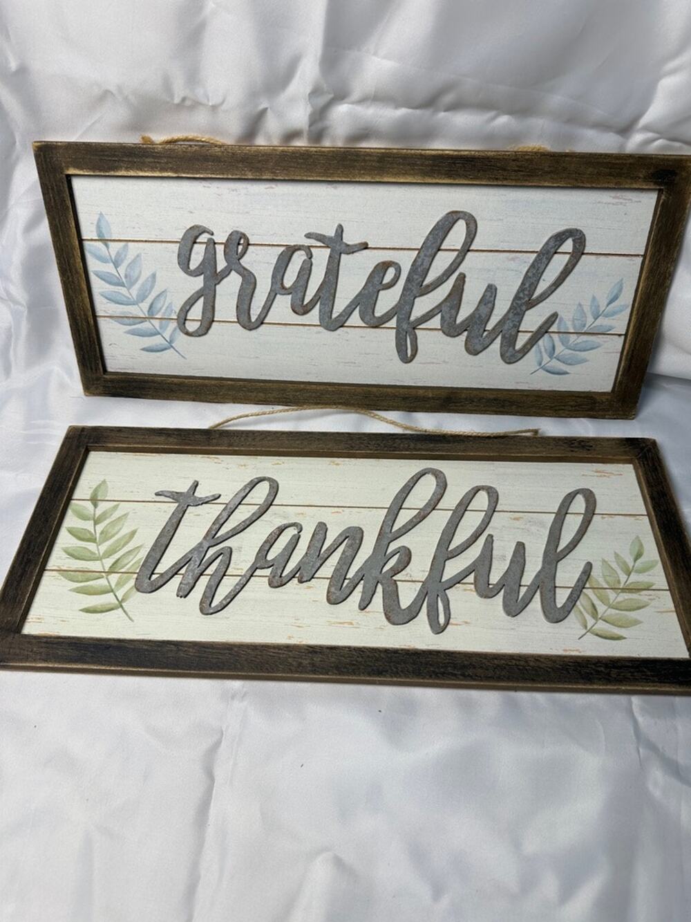 Grateful Thankful Farmhouse Wall Decor Signs 2 Pc Rustic Framed 18" Set
